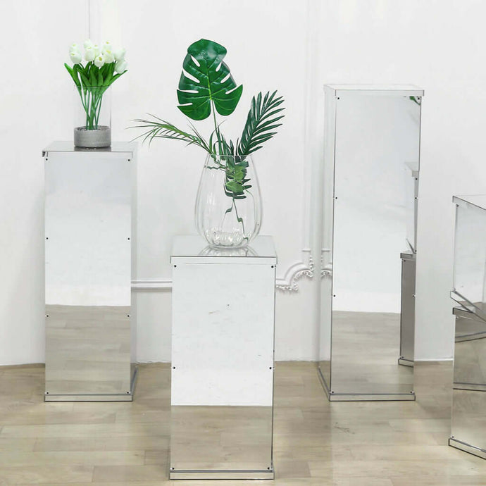 Set of 5 Silver Mirror Finish Acrylic Display Boxes, Pedestal Risers with Interchangeable Lid and Base - 12