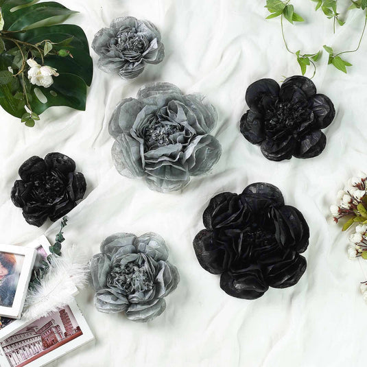 Set of 6 Black Charcoal Gray Peony 3D Paper Flowers Wall Decor - 7