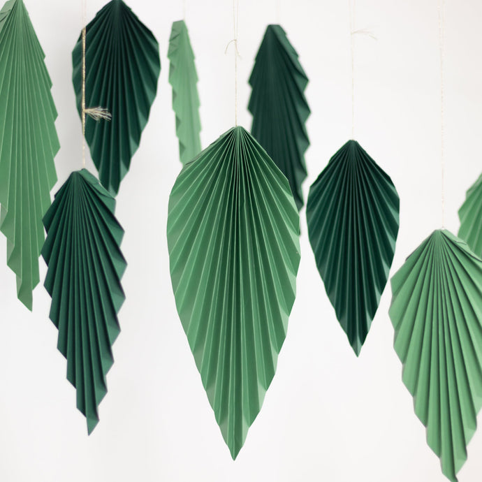 Set of 6 Mixed Green Leaves Hanging Paper Fans Backdrop Decor, Pre-Strung Foldable Tropical Palm Leaves Jungle Theme Party Supplies - 11