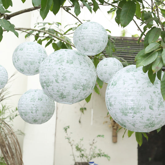 Set of 8 White Sage Green Hanging Chinese Lanterns in French Toile Floral Pattern, Festival Paper Lanterns - 6",8",10",14" Lanterns HIER_9900