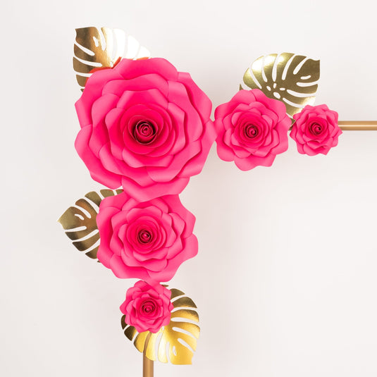 Set of 9 Fuchsia 3D Rose Paper Flowers with Gold Tropical Palm Leaves, Party Flower Backdrop Hanging Wall Decor Decorations HIER_9900