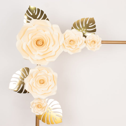 Set of 9 Ivory 3D Rose Paper Flowers with Gold Tropical Palm Leaves, Party Flower Backdrop Hanging Wall Decor Decorations HIER_9900