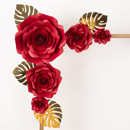 Set of 9 Red 3D Rose Paper Flowers with Gold Tropical Palm Leaves, Party Flower Backdrop Hanging Wall Decor Decorations HIER_9900