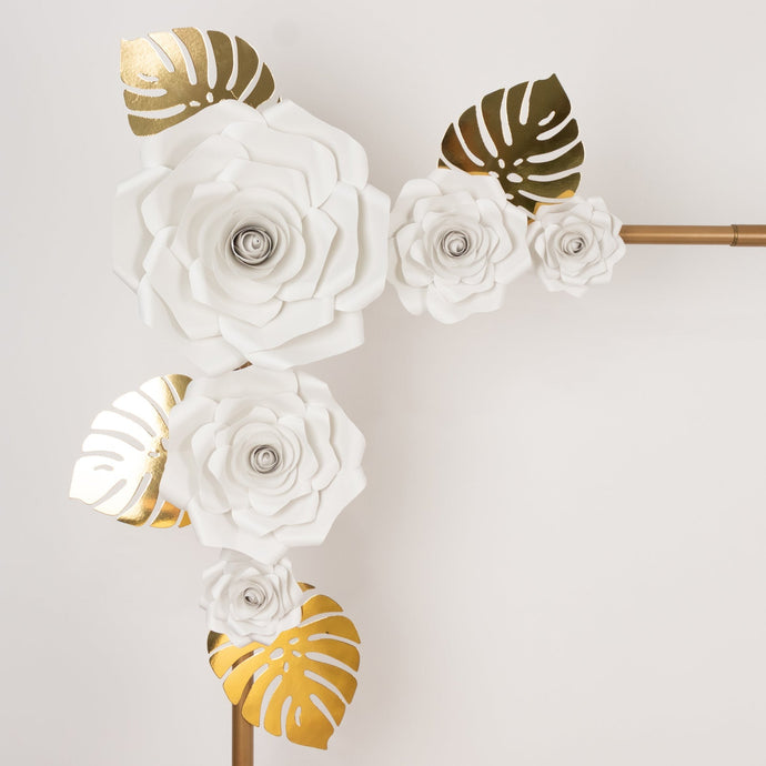 Set of 9 White 3D Rose Paper Flowers with Gold Tropical Palm Leaves, Party Flower Backdrop Hanging Wall Decor Decorations HIER_9900