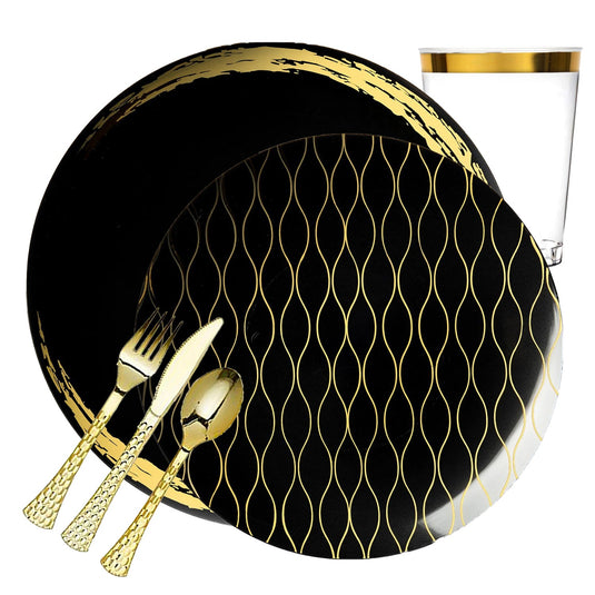 Whisk Collection Dinner Plate Black & Gold Tableware Package Disposable Plates Decorline