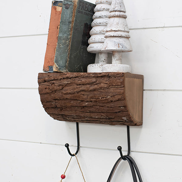 Split Wood Log Shelf with Hooks General RH