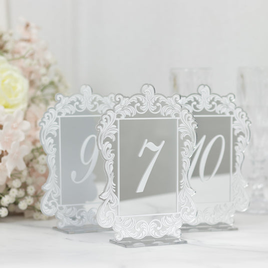 Silver Mirror Arch Acrylic Table Numbers (1-10) - 5"x7" Wedding Reception Signs with Baroque Lace Border, White Print & Stands Decorations HIER_7410