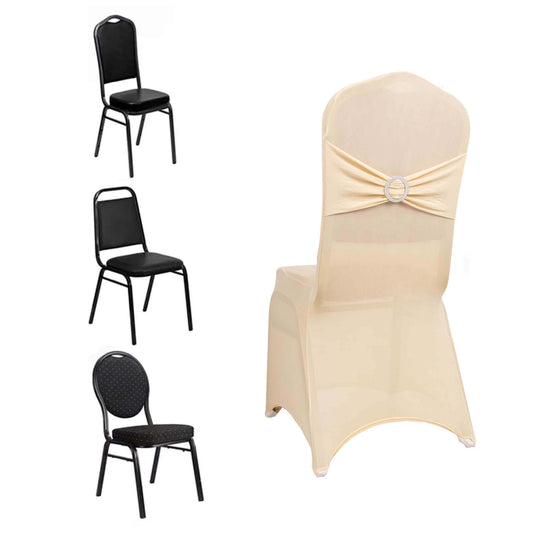 Spandex Chair Cover with Silver Rhinestone Buckled Sash Band Beige - Stretch Fitted Slipcover Chair Covers HIER_3121