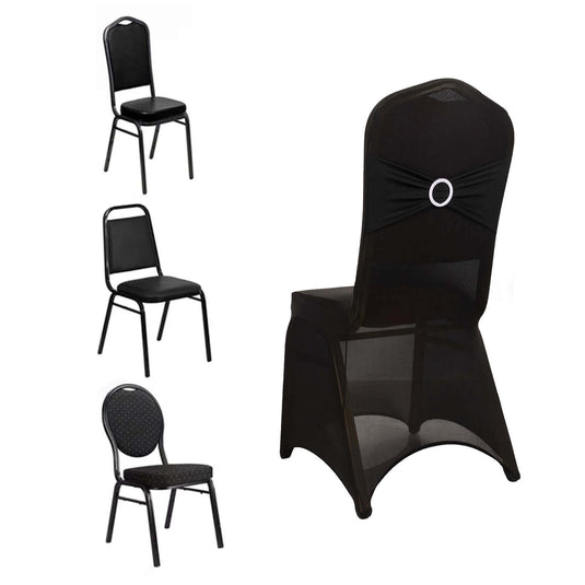 Spandex Chair Cover with Silver Rhinestone Buckled Sash Band Black - Stylish Stretch Fitted Slipcover for Banquets & Events Chair Covers HIER_3121