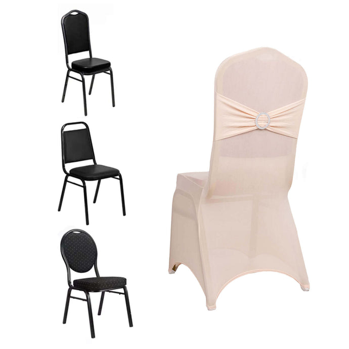 Spandex Chair Cover with Silver Rhinestone Buckled Sash Band Blush - Stretch Fitted Slipcover Chair Covers HIER_3121