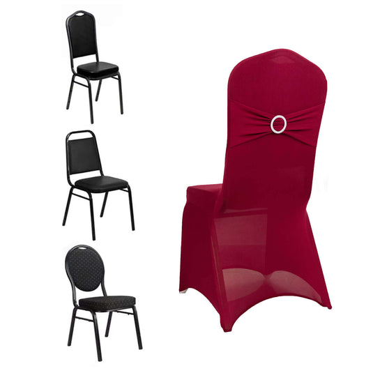 Spandex Chair Cover with Silver Rhinestone Buckled Sash Band Burgundy - Stretch Fitted Slipcover Chair Covers HIER_3121