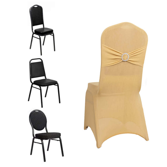 Spandex Chair Cover with Silver Rhinestone Buckled Sash Band Champagne - Stretch Fitted Slipcover Chair Covers HIER_3121