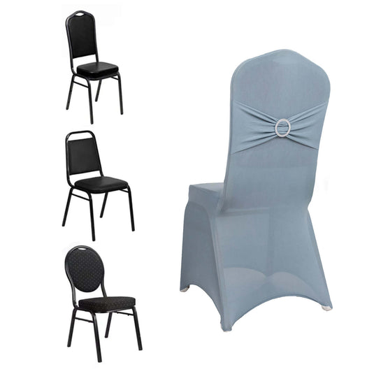 Spandex Chair Cover with Silver Rhinestone Buckled Sash Band Dusty Blue - Stretch Fitted Slipcover Chair Covers HIER_3121