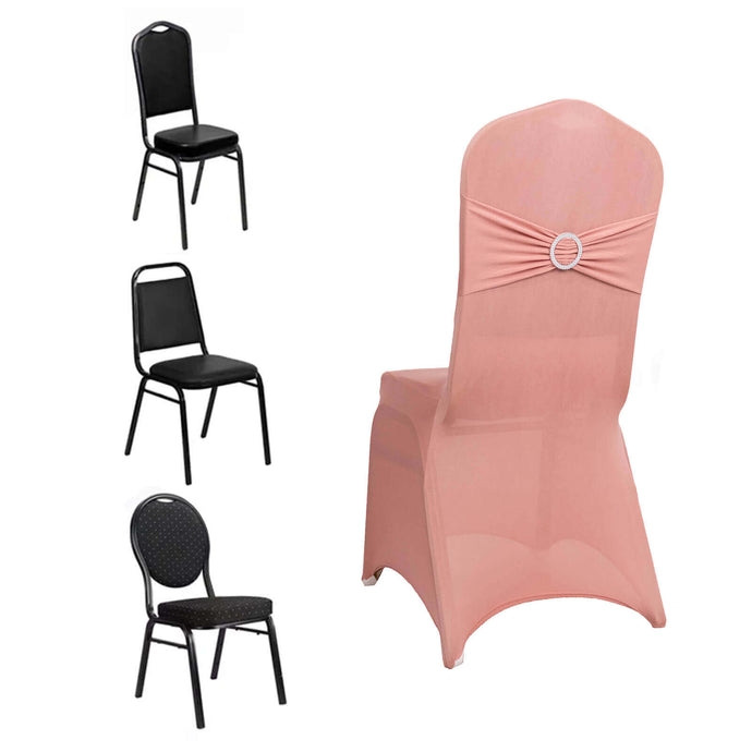 Spandex Chair Cover with Silver Rhinestone Buckled Sash Band Dusty Rose - Stretch Fitted Slipcover Chair Covers HIER_3121