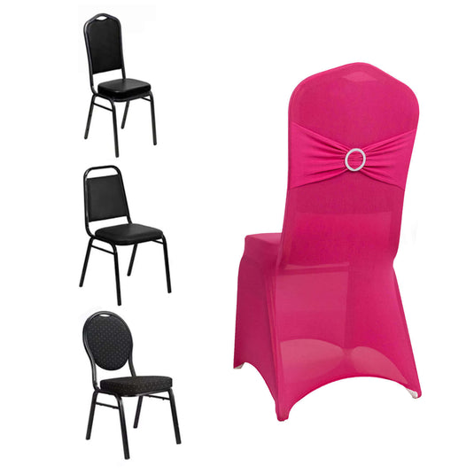 Spandex Chair Cover with Silver Rhinestone Buckled Sash Band Fuchsia - Stretch Fitted Slipcover Chair Covers HIER_3121