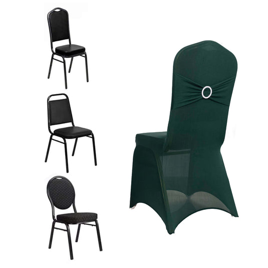 Spandex Chair Cover with Silver Rhinestone Buckled Sash Band Hunter Emerald Green - Stretch Fitted Slipcover Chair Covers HIER_3121