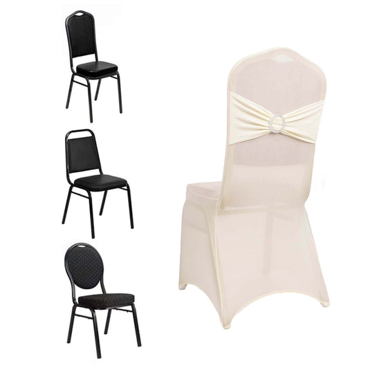 Spandex Chair Cover with Silver Rhinestone Buckled Sash Band Ivory - Stretch Fitted Slipcover Chair Covers HIER_3121