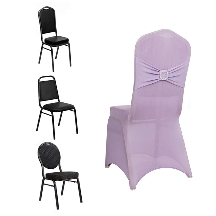 Spandex Chair Cover with Silver Rhinestone Buckled Sash Band Lavender Lilac - Stretch Fitted Slipcover Chair Covers HIER_3121