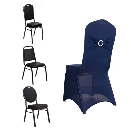 Spandex Chair Cover with Silver Rhinestone Buckled Sash Band Navy Blue - Stretch Fitted Slipcover Chair Covers HIER_3121