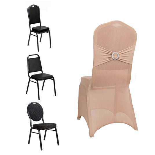 Spandex Chair Cover with Silver Rhinestone Buckled Sash Band Nude - Stretch Fitted Slipcover Chair Covers HIER_3121