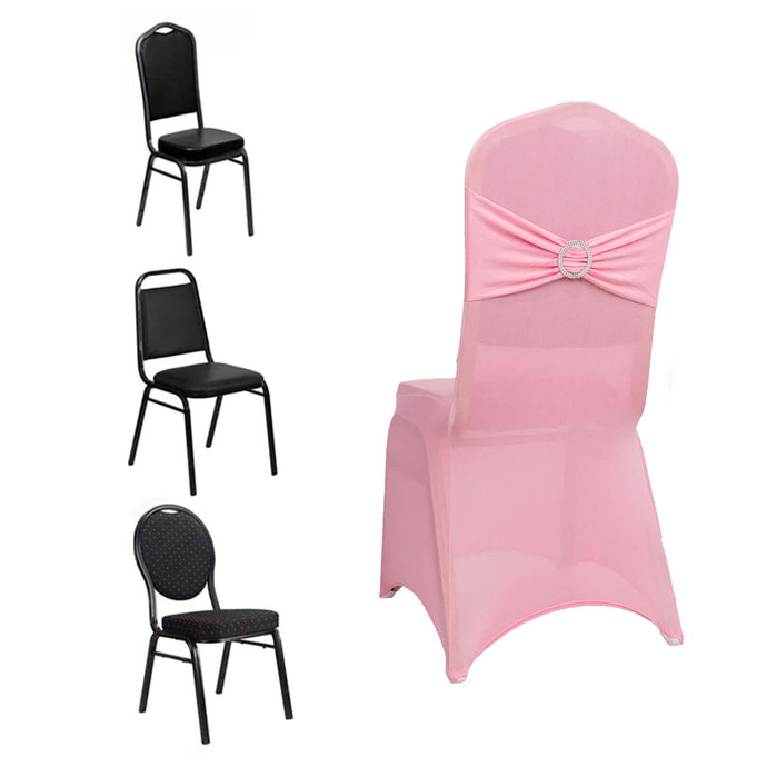 Spandex Chair Cover with Silver Rhinestone Buckled Sash Band Pink - Stretch Fitted Slipcover Chair Covers HIER_3121