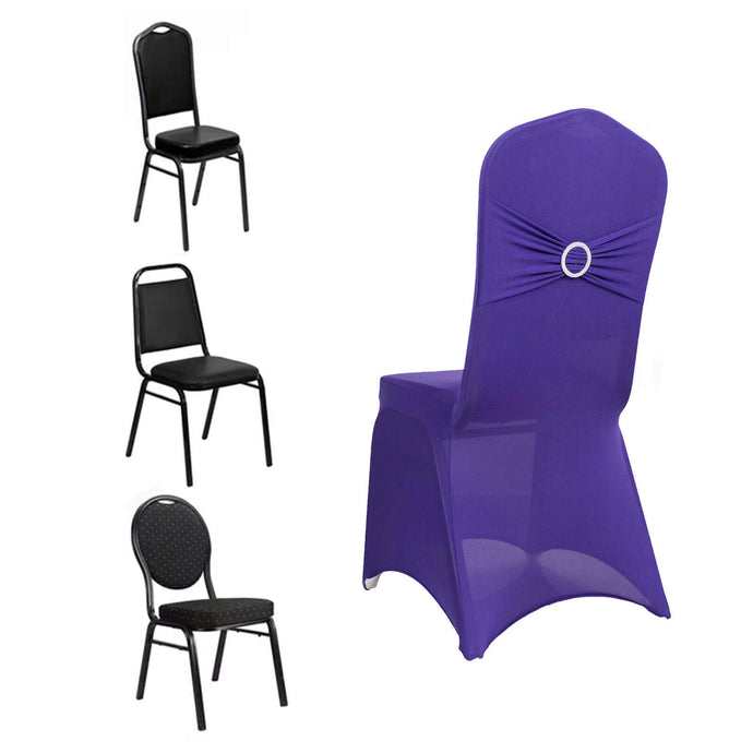 Spandex Chair Cover with Silver Rhinestone Buckled Sash Band Purple - Stretch Fitted Slipcover Chair Covers HIER_3121