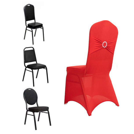 Spandex Chair Cover with Silver Rhinestone Buckled Sash Band Red - Stretch Fitted Slipcover Chair Covers HIER_3121