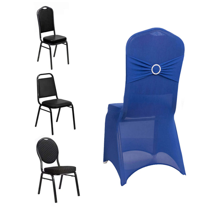 Spandex Chair Cover with Silver Rhinestone Buckled Sash Band Royal Blue - Stretch Fitted Slipcover Chair Covers HIER_3121