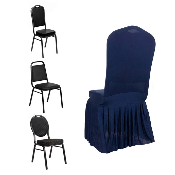 Spandex Chair Cover with Ruffle Pleated Skirt for Banquet Chairs Navy Blue - 1-Piece Stretch Fitted Slipcover Chair Covers HIER_3122