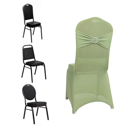 Spandex Chair Cover with Silver Rhinestone Buckled Sash Band Sage Green - Stretch Fitted Slipcover Chair Covers HIER_3121