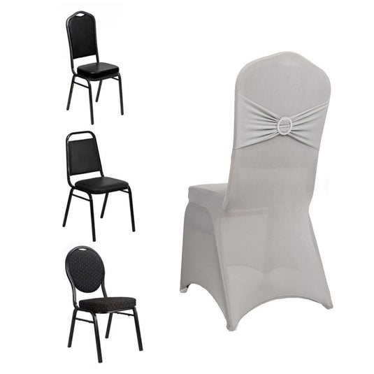 Spandex Chair Cover with Rhinestone Buckled Sash Band Silver - Stretch Fitted Slipcover Chair Covers HIER_3121