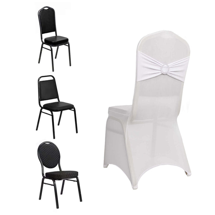 Spandex Chair Cover with Silver Rhinestone Buckled Sash Band White - Stylish Stretch Fitted Slipcover for Banquets & Events Chair Covers HIER_3121