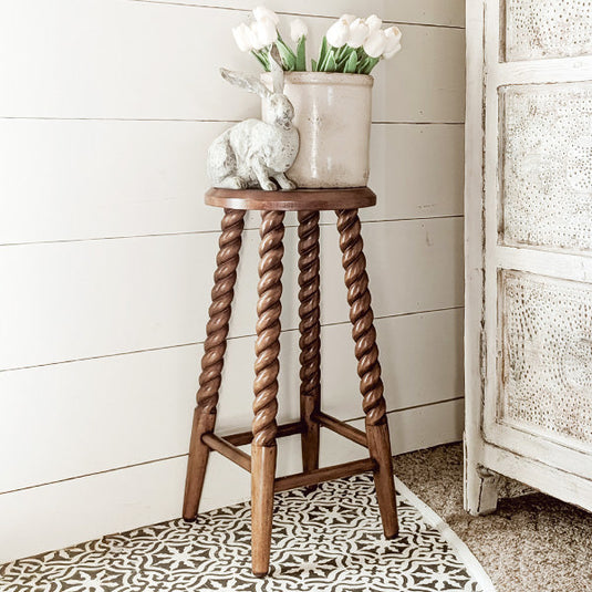 Turned Pine Wood Accent Stool General ABH