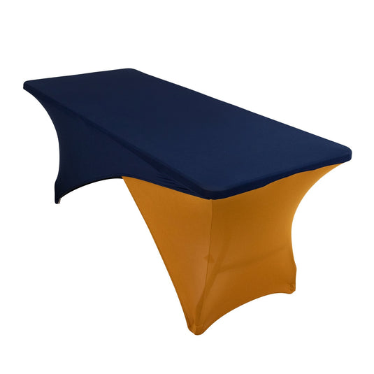 Stretch Spandex 72"x30" Rectangle Table Cover Navy Blue/Gold Cross Over Design - Two-Piece Fitted Tablecloth with Elastic Foot Pockets Tablecloths HIER_2130