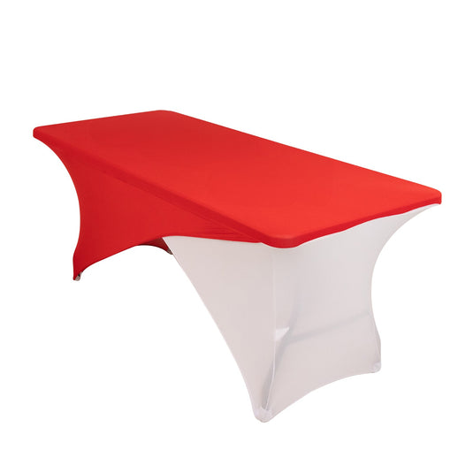 Stretch Spandex 72"x30" Rectangle Table Cover Red/White Cross Over Design - Versatile & Sleek Two-Piece Fitted Tablecloth with Elastic Foot Pockets Tablecloths HIER_2130