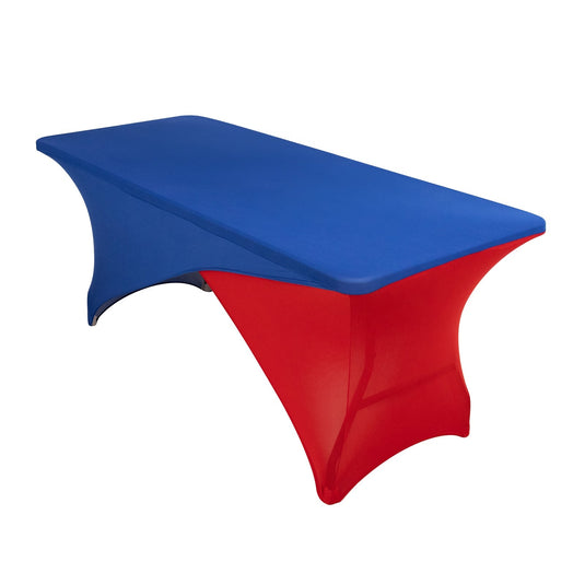 Stretch Spandex 72"x30" Rectangle Table Cover Royal Blue/Red Cross Over Design - Two-Piece Fitted Tablecloth with Elastic Foot Pockets Tablecloths HIER_2130