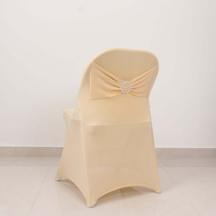 Stretch Spandex Chair Cover Beige for Folding Chairs - Secure Fit Slipcover with Silver Rhinestone Buckled Sash Band Chair Covers HIER_3221