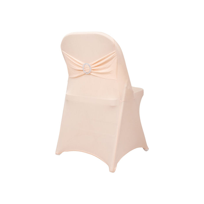 Stretch Spandex Chair Cover Blush for Folding Chairs - Secure Fit Slipcover with Silver Rhinestone Buckled Sash Band Chair Covers HIER_3221