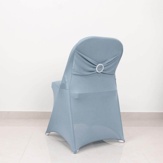 Stretch Spandex Chair Cover Dusty Blue for Folding Chairs - Secure Fit Slipcover with Silver Rhinestone Buckled Sash Band Chair Covers HIER_3221