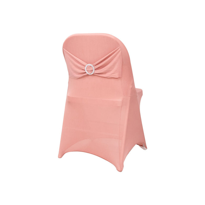 Stretch Spandex Chair Cover Dusty Rose for Folding Chairs - Secure Fit Slipcover with Silver Rhinestone Buckled Sash Band Chair Covers HIER_3221