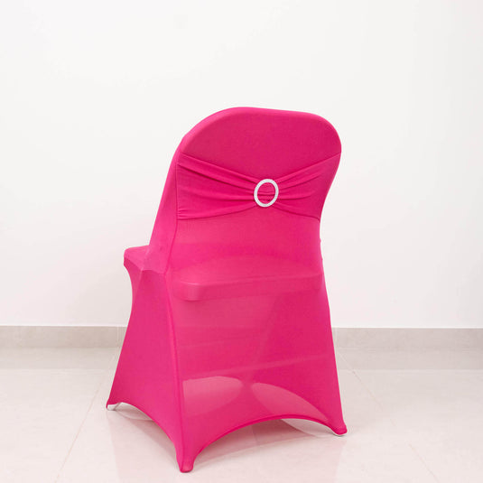 Stretch Spandex Chair Cover Fuchsia for Folding Chairs - Secure Fit Slipcover with Silver Rhinestone Buckled Sash Band Chair Covers HIER_3221