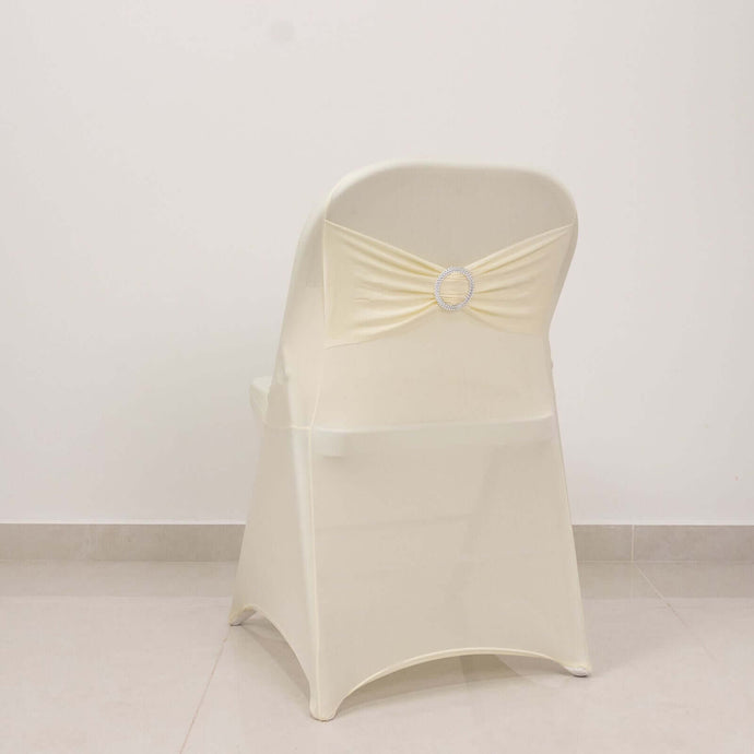 Stretch Spandex Chair Cover Ivory for Folding Chairs - Secure Fit Slipcover with Silver Rhinestone Buckled Sash Band Chair Covers HIER_3221