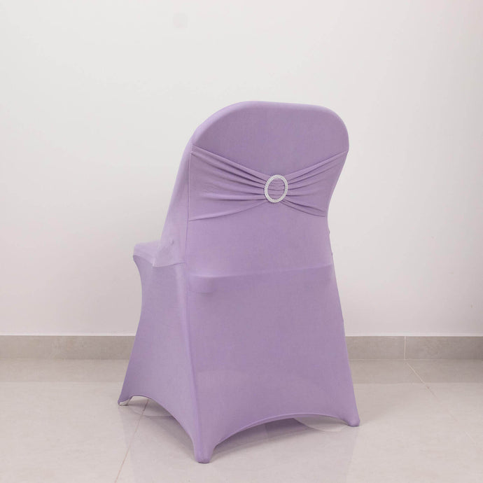 Stretch Spandex Chair Cover Lavender Lilac for Folding Chairs - Secure Fit Slipcover with Silver Rhinestone Buckled Sash Band Chair Covers HIER_3221