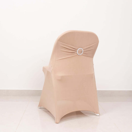 Stretch Spandex Chair Cover Nude for Folding Chairs - Secure Fit Slipcover with Silver Rhinestone Buckled Sash Band Chair Covers HIER_3221