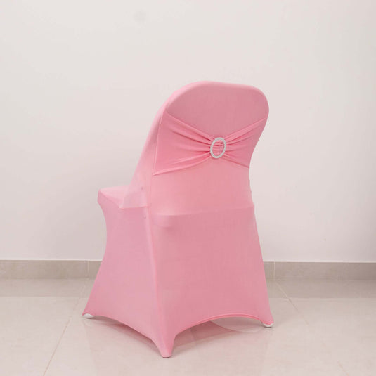 Stretch Spandex Chair Cover Pink for Folding Chairs - Secure Fit Slipcover with Silver Rhinestone Buckled Sash Band Chair Covers HIER_3221