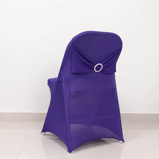 Stretch Spandex Chair Cover Purple for Folding Chairs - Secure Fit Slipcover with Silver Rhinestone Buckled Sash Band Chair Covers HIER_3221