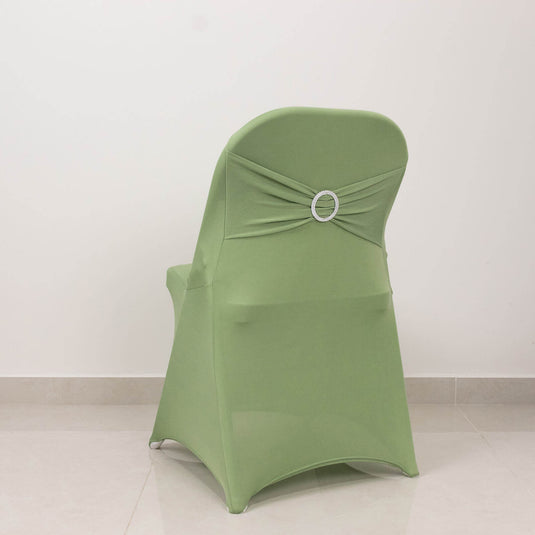 Stretch Spandex Chair Cover Sage Green for Folding Chairs - Secure Fit Slipcover with Silver Rhinestone Buckled Sash Band Chair Covers HIER_3221