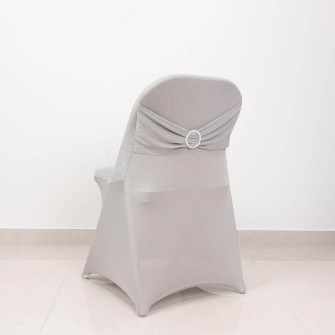 Stretch Spandex Chair Cover Silver for Folding Chairs - Secure Fit Slipcover with Silver Rhinestone Buckled Sash Band Chair Covers HIER_3221