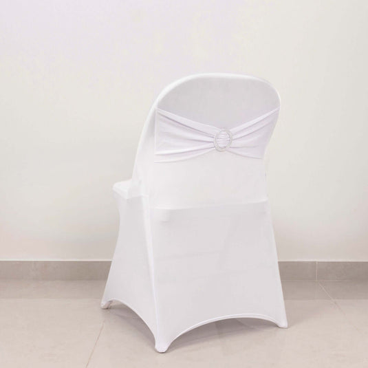 Stretch Spandex Chair Cover White for Folding Chairs - Enhanced Style & Secure Fit Slipcover with Stunning Silver Rhinestone Buckled Sash Band Chair Covers HIER_3221