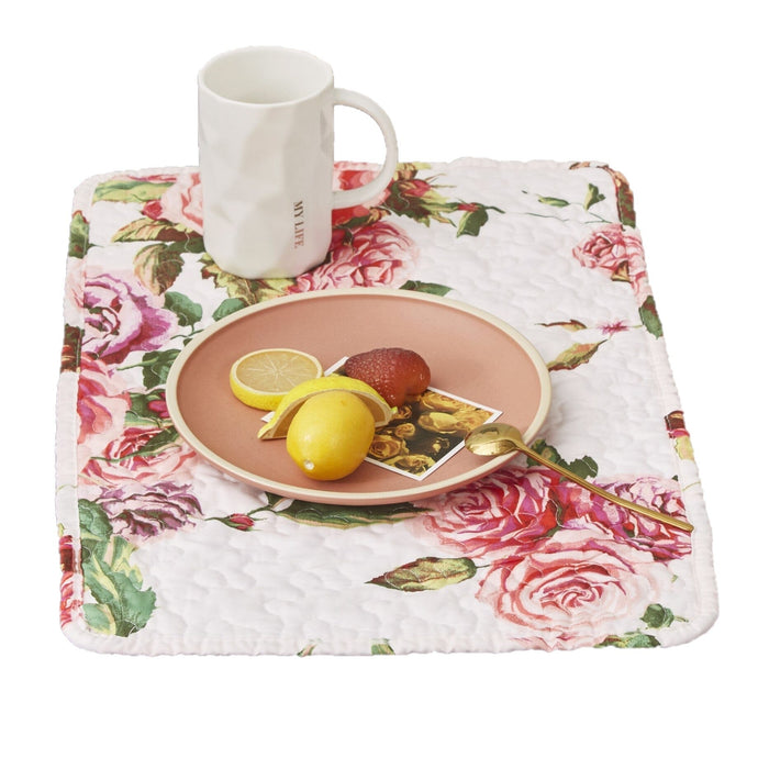 Set of 4-Pieces Romantic Roses Pink Floral Quilted Dining Placemats 13” x 19” General DaDalogy Bedding Collection